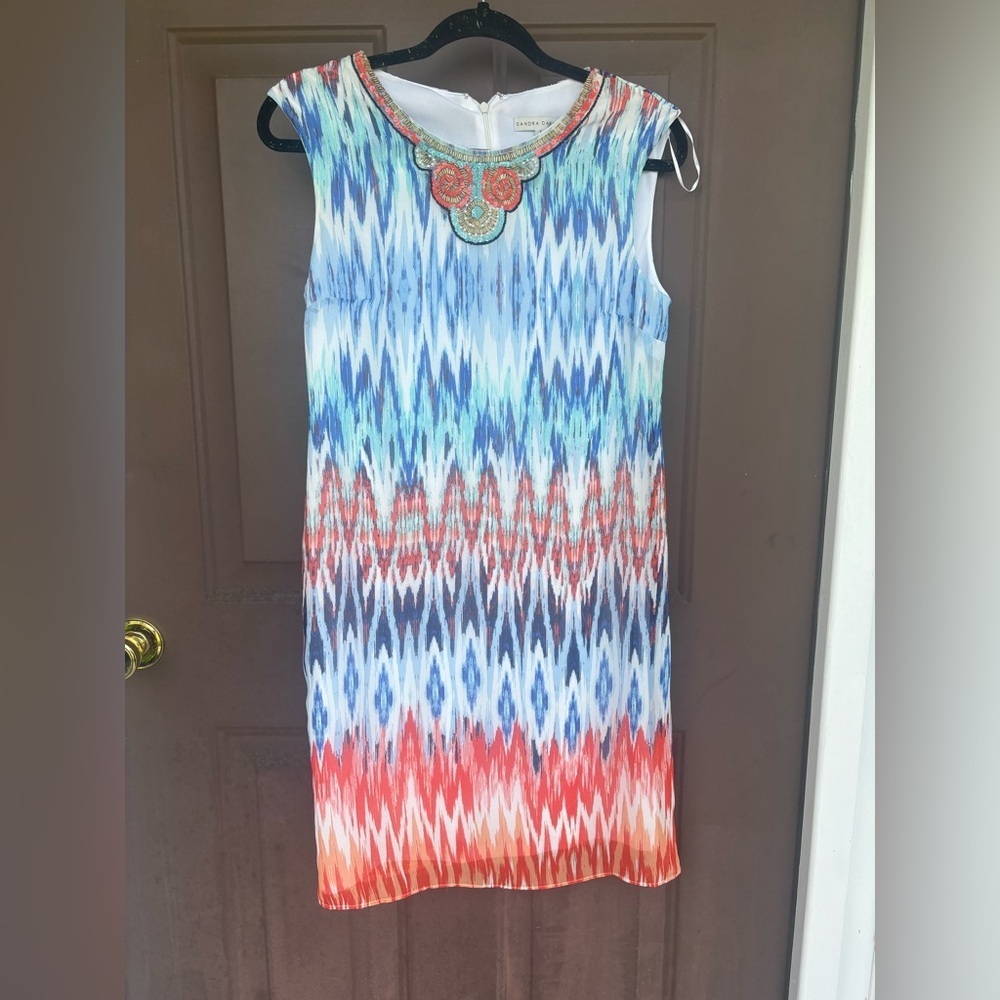 Sandra Darren Blue Green Sleeveless Sheath Dress